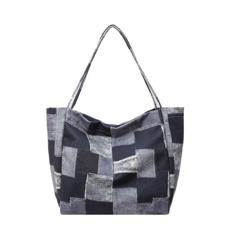 Women's Large Capacity Denim Color-contrast Check Idle Style Shoulder Commute Leisure Handbag Versatile Tote Bag - Velora