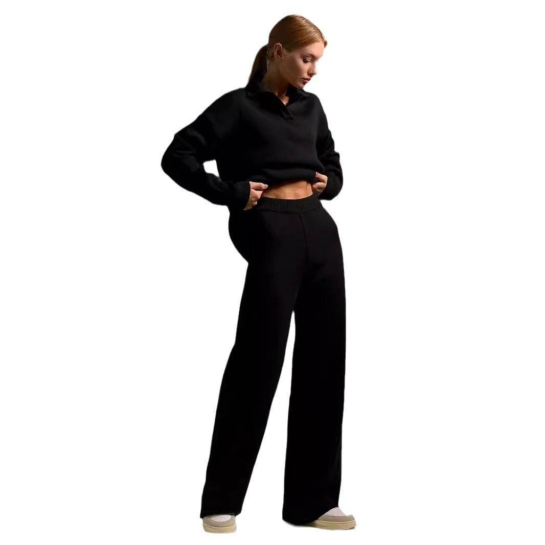 Fall Winter Two Piece Set Women's Simple Loose Solid Color Collar Sweater Set Fashion Casual Sport Wear Set - Velora