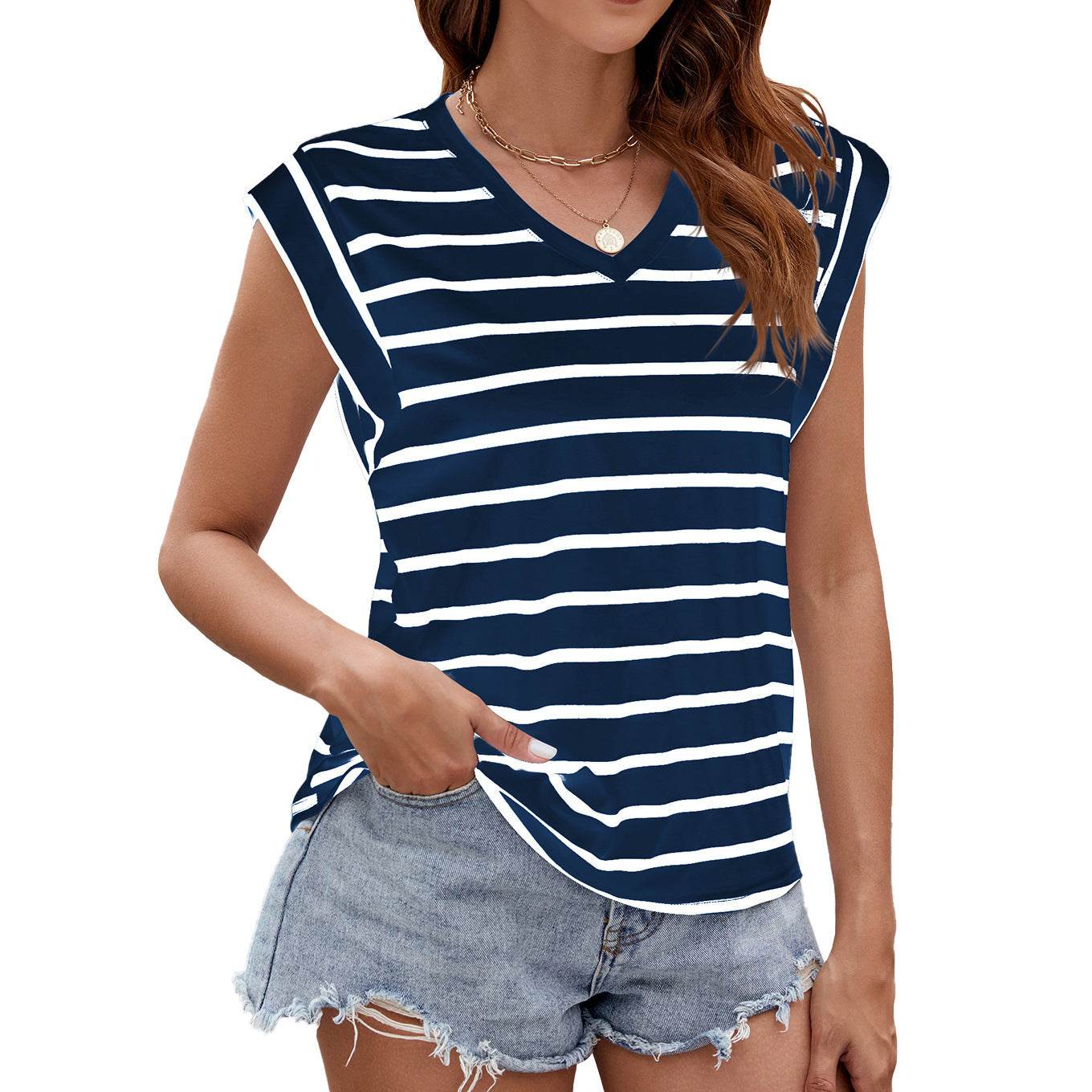 Fashion Stripe Print V-neck Short-sleeved T-Shirt Summer Loose Tank Top Womens Clothing - Velora