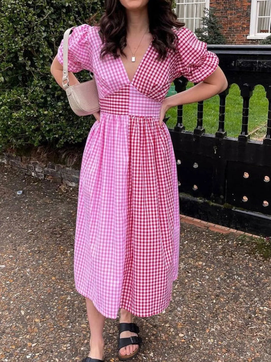 Plaid V-Neck Puff Sleeve Dress - Velora