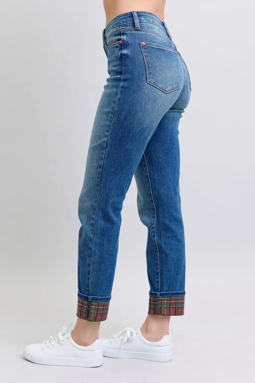 Judy Blue Full Size Plaid Print Cuff Straight Leg Jeans with Pockets - Velora