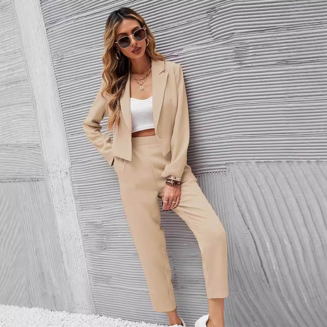 Solid Color Lapel Long Sleeve Dungarees Fashion Two-piece Suit - Velora