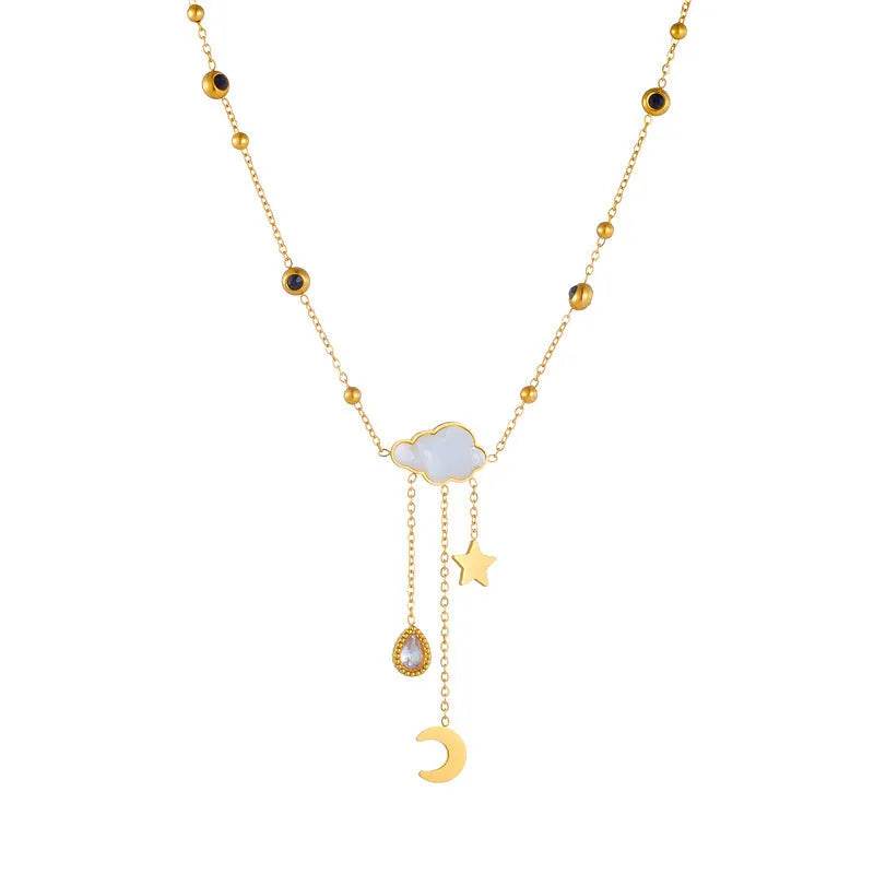 White Shell Cloud Star Moon Long Fringe Water Drop Fashion Necklace - Velora