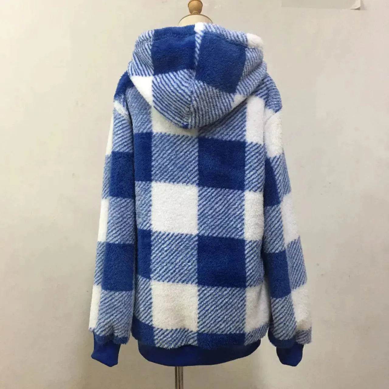 Casual Thick Fleece Plush half zip Plaid Hoodie Pullover top for women - Velora