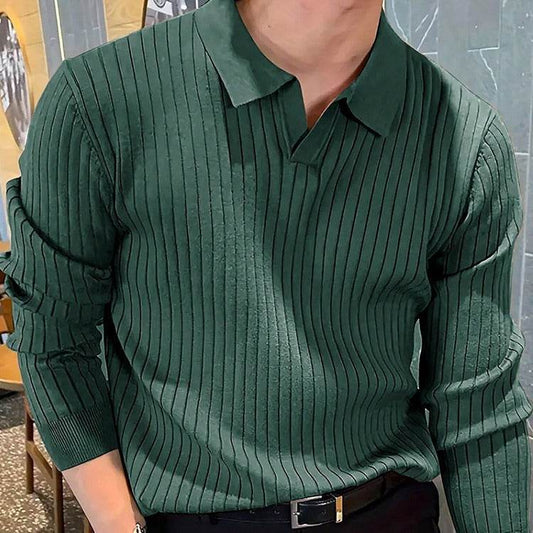 Lapel Texture Stretch Slim Knit Polo Shirt Men Polo Shirt Fashion Waffle Long-sleeved Tops Clothing Casual Comfortable Golf Men's Clothing - Velora