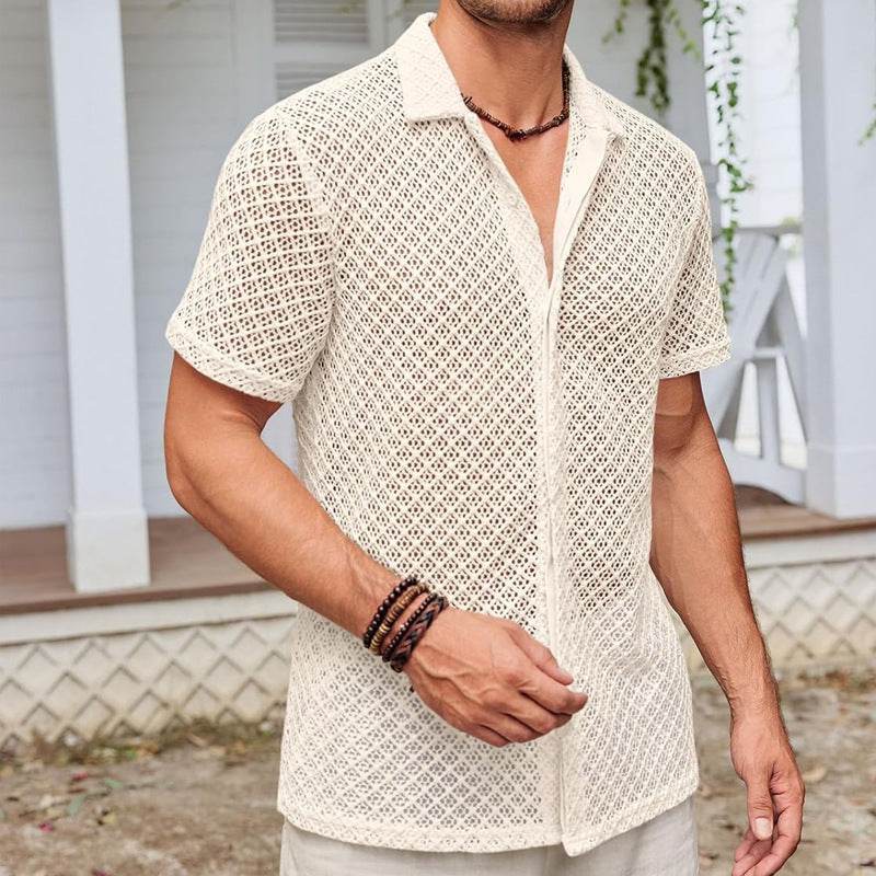 Fashion Solid Color Polo Collar Short Sleeve Mesh Shirt Tops Men Clothing - Velora