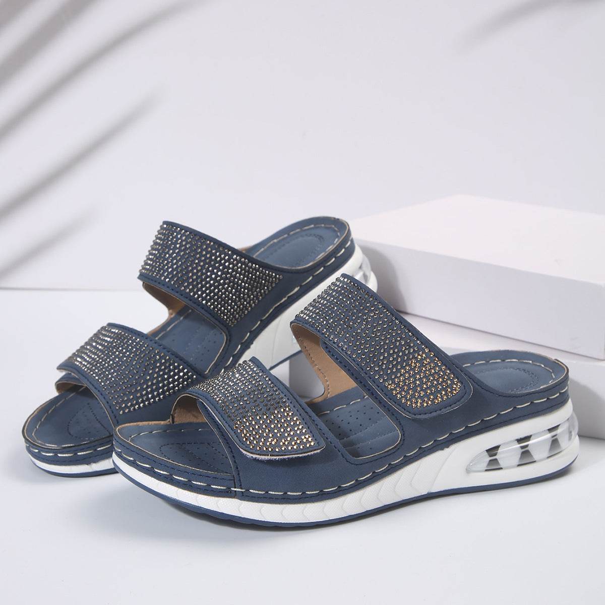 New Air Cushion Wedges Sandals Summer Casual Rhinestone Slides Roman Sandals For Women Non-slip Beach Shoes - Velora