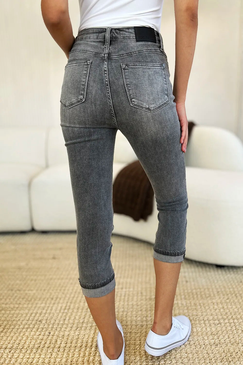 Judy Blue Full Size Button Fly High Waist Cuffed Capris - Velora