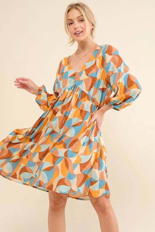 And The Why Printed Open Back Puff Sleeve Casual Dress - Velora