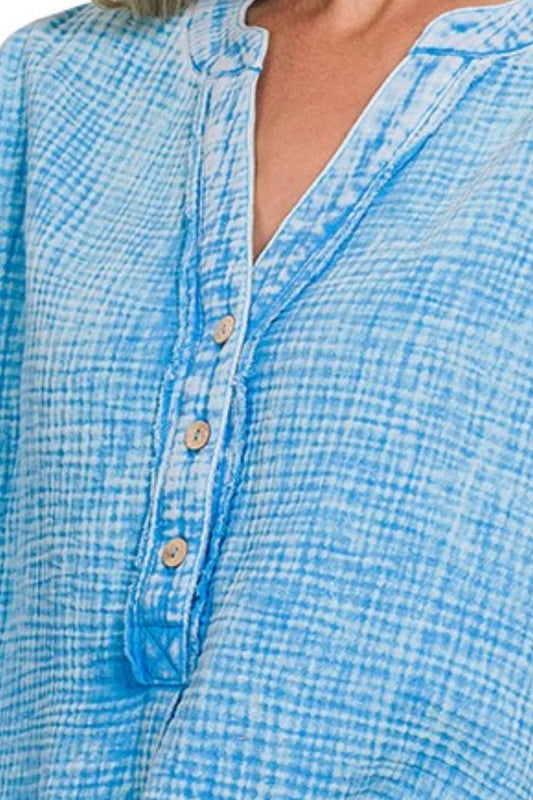 Zenana Washed Double Gauze 3/4 Button Henley Neck Shirt - Velora