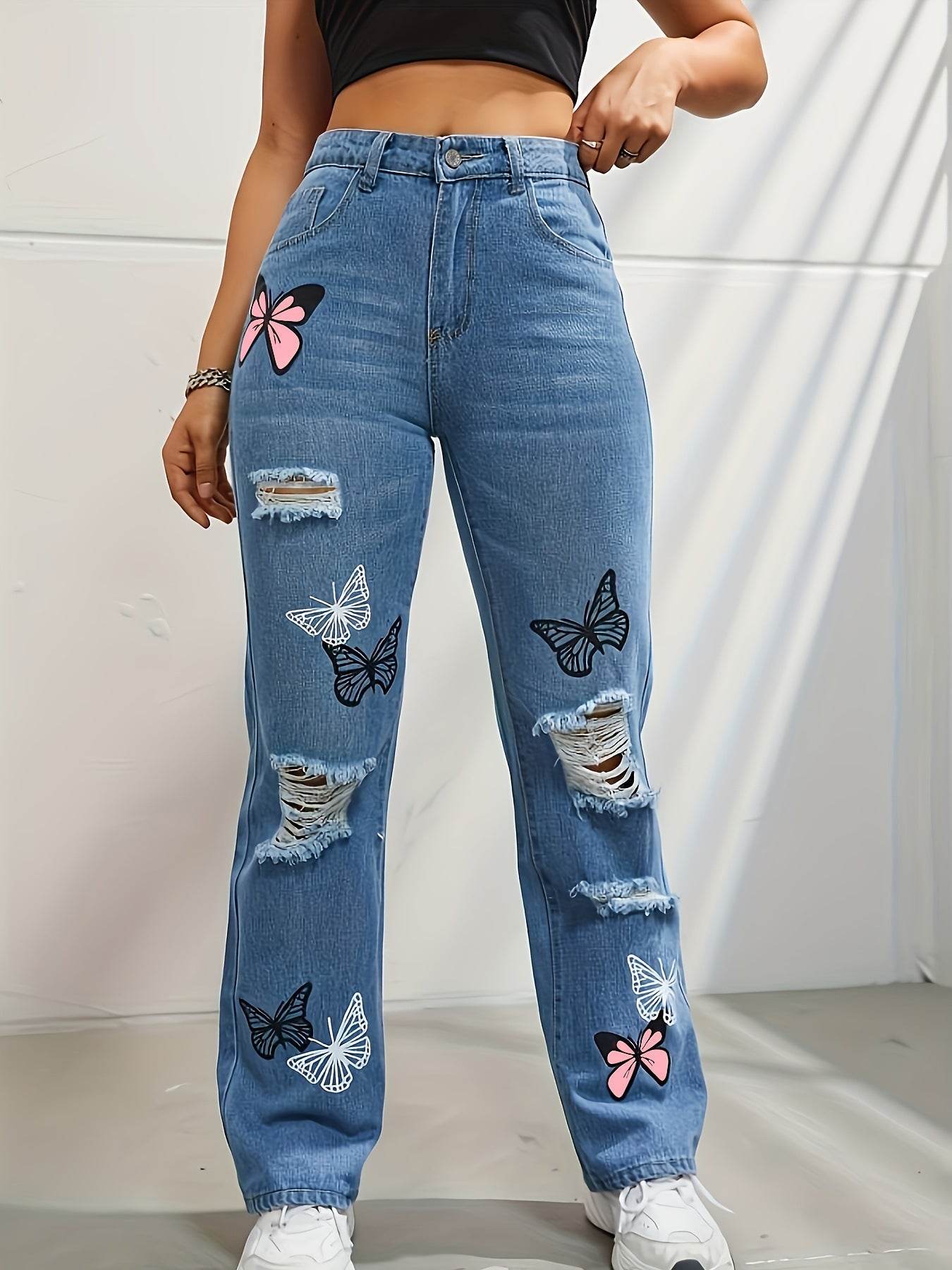 High Waisted Straight Leg Jeans For Women Trendy Butterfly Print Ripped Distressed Denim Pants - Velora