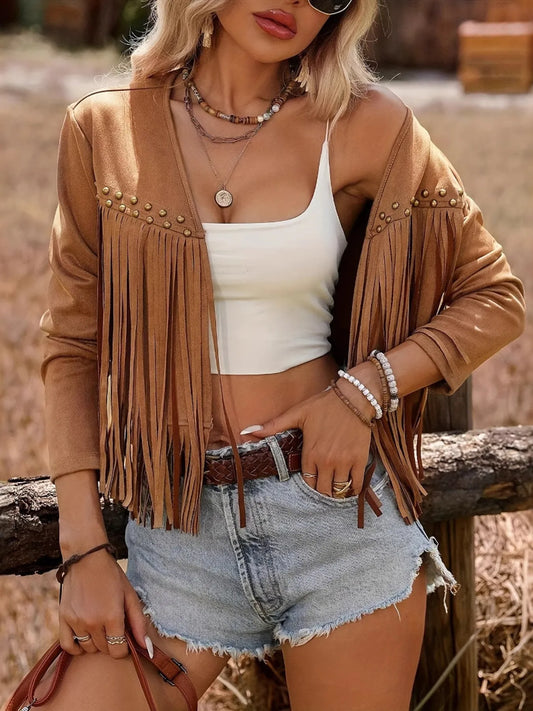 Fringe Studded Open Front Jacket - Velora