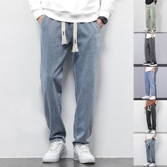 Summer Loose Wide Leg Jeans Pants Men Fashion Drawstring Elasticated Straight Trousers - Velora