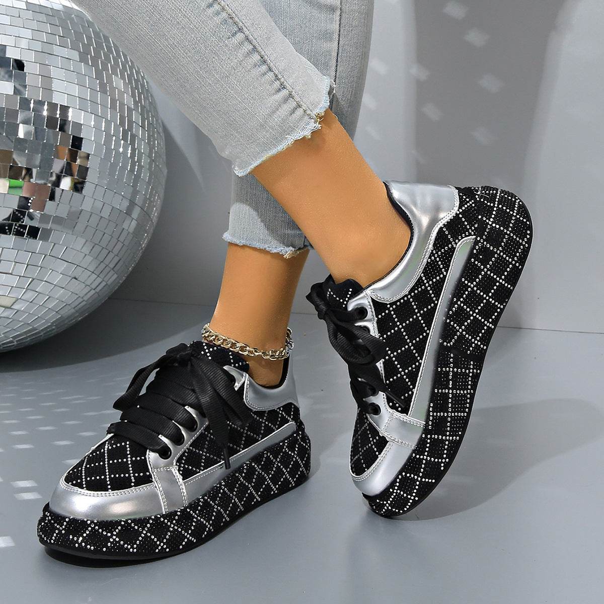 Fashion Rhinestone Flats Shoes Versatile Thick-soled Lace-up Casual Shoes Women's Sneakers - Velora