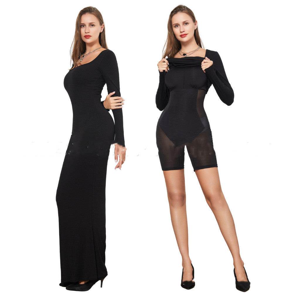 Two-in-one With Lining Double-layer Belly Contracting Hip Lifting Long Sleeve Narrow Dress - Velora