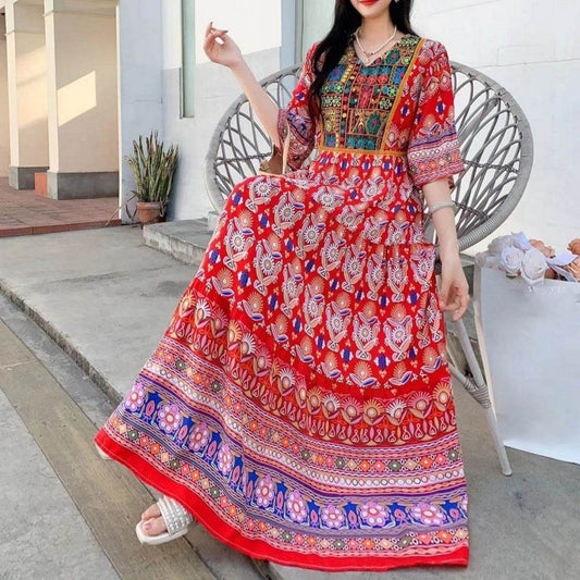 V-neck Embroidery Bell Sleeve Waist Trimming Casual Dress - Velora