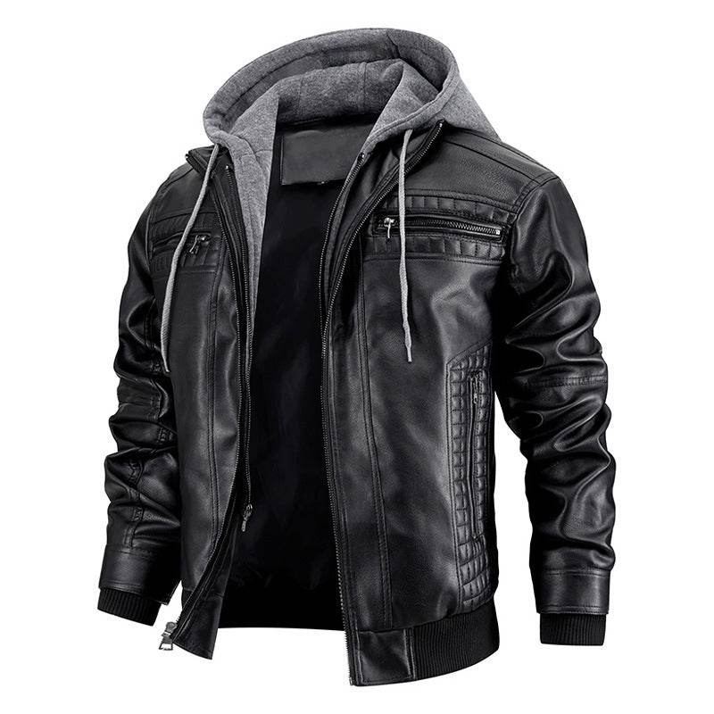 Hooded Jacket With Zipper Pockets Fashion Warm Pu Leather Coat Mens Clothing - Velora