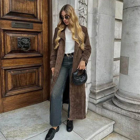 Double Breasted Lapel Shift Coat With Belt Fashion Vintage Suede Long Coat Winter Outwear Women's Clothing - Velora