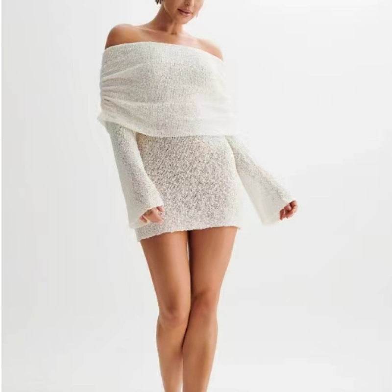Women's Spring Summer Knitted Dress Elegant Party Boat Neck Dress Infant Off Shoulder Bodycon Long Sleeve Fuzzy Short Club Chic Mini Dress - Velora