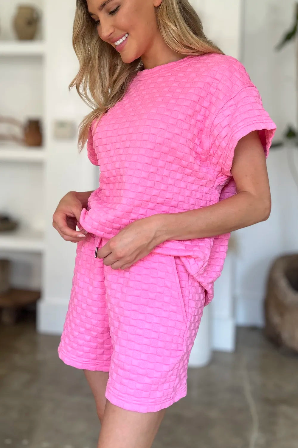 Double Take Full Size Texture T-Shirt and Shorts Set - Velora