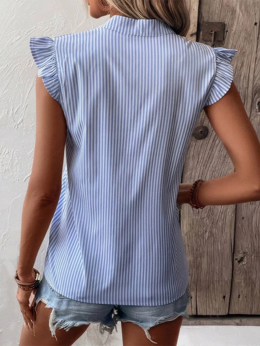 Striped Notched Cap Sleeve Blouse - Velora