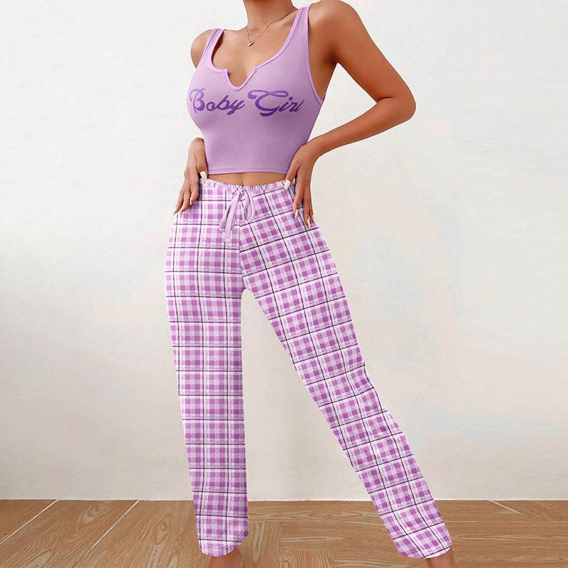 Spring Summer Women's Casual Pajamas Home Wear Vest Color Matching Plaid Trousers Letter Print Top Ladies 2 Pcs Home Clothes Sleepwear - Velora