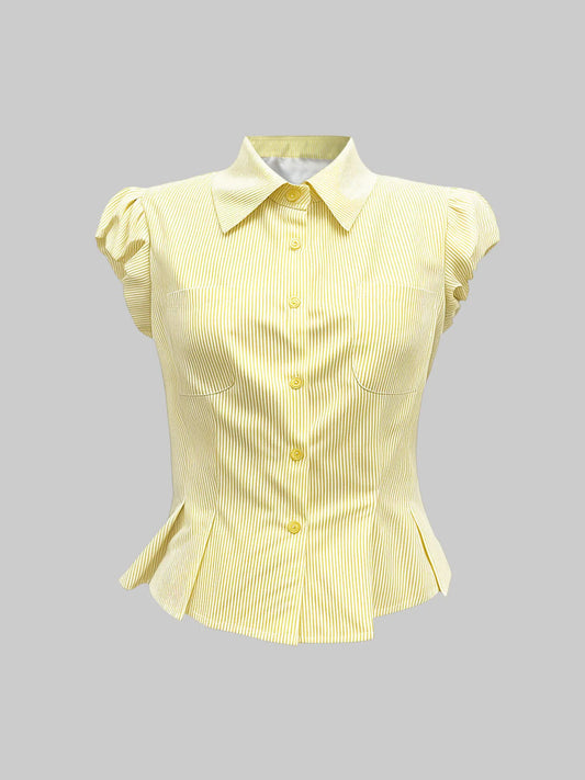 Striped Puff Sleeve Button-Up Shirt - Velora