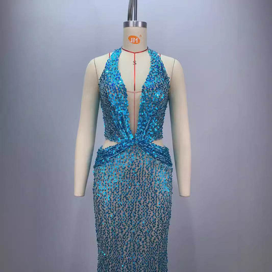 New Halter Deep V-neck Slim fit Sequined Evening Party Dress - Velora