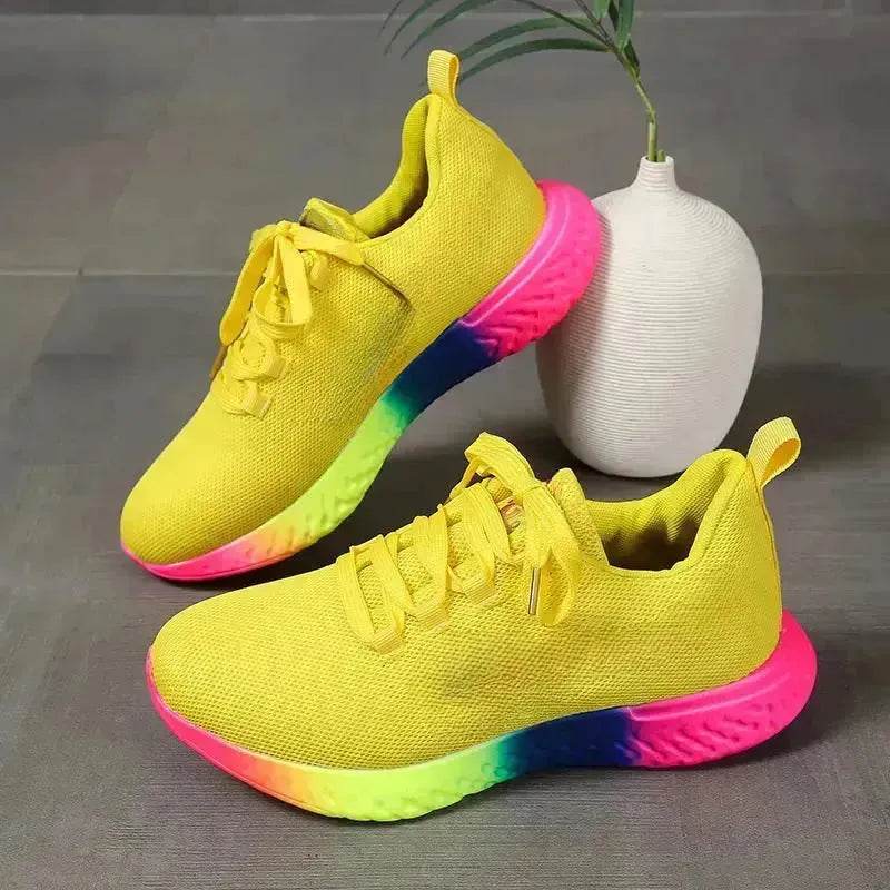 Rainbow sneaker - Lace-up Mesh Shoes With Rainbow Sole Design Fashion Walking Running Sports Shoes Sneakers For Women - Velora