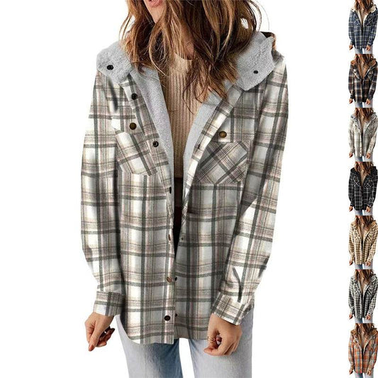 Casual Plaid Hooded Woolen Coat Thickened Fleece-lined Warm Jacket - Velora