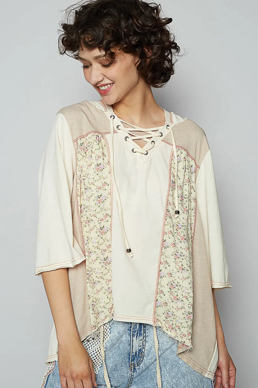 POL Lace-Up Hooded T-Shirt with Paisley Panel Detail - Velora