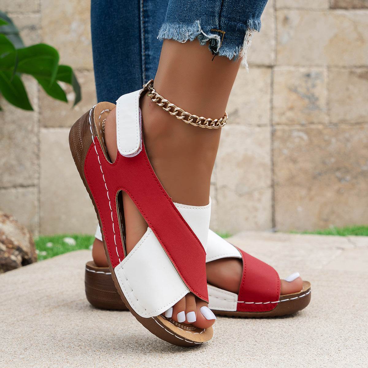 Summer Wedges Sandals With Colorblock Cross-strap Design Casual Thick-soled Roman Shoes For Women - Velora