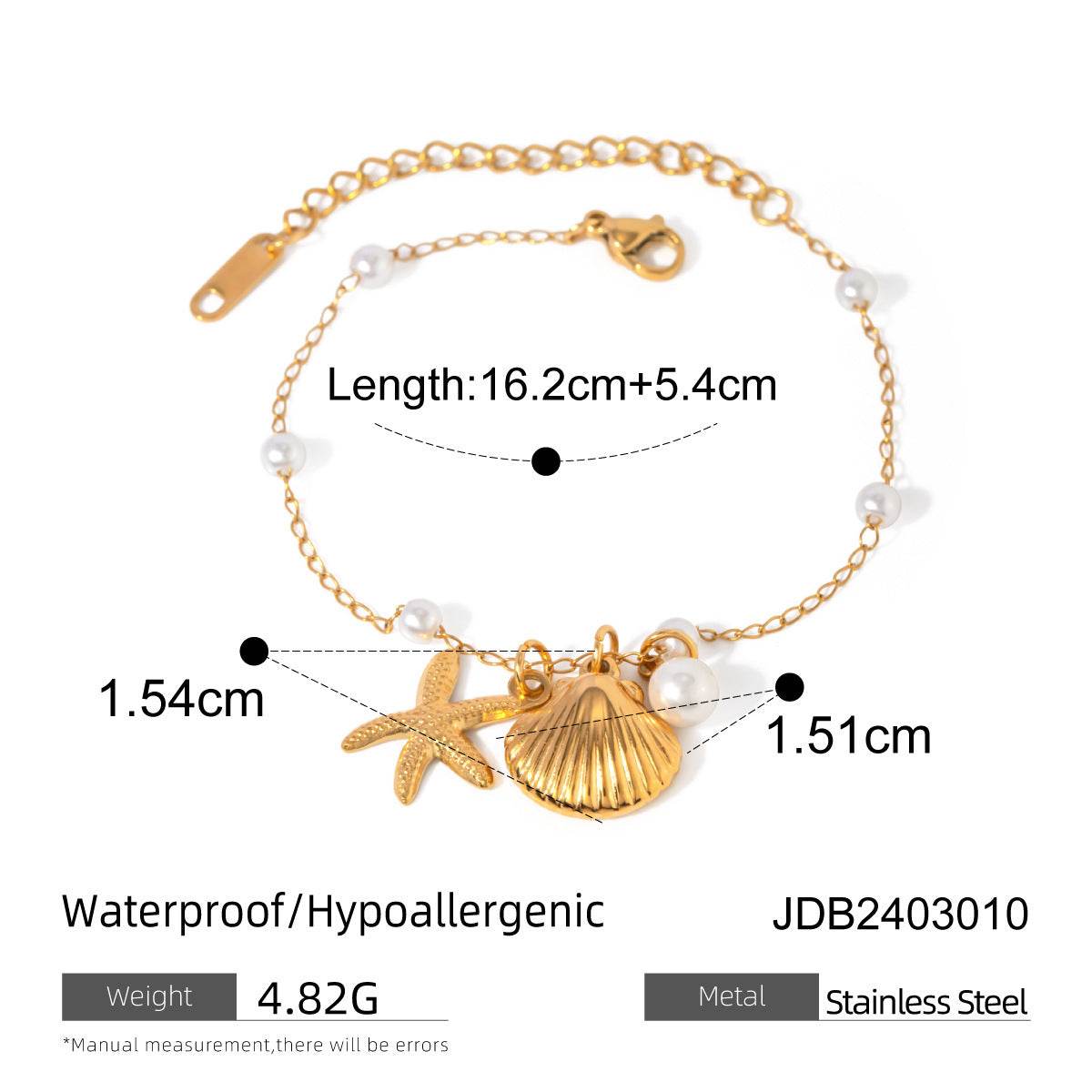 Fashion Jewelry 18K Gold Stainless Steel Pearl Chain Summer Holiday Shell Starfish Pendant Bracelet - Velora