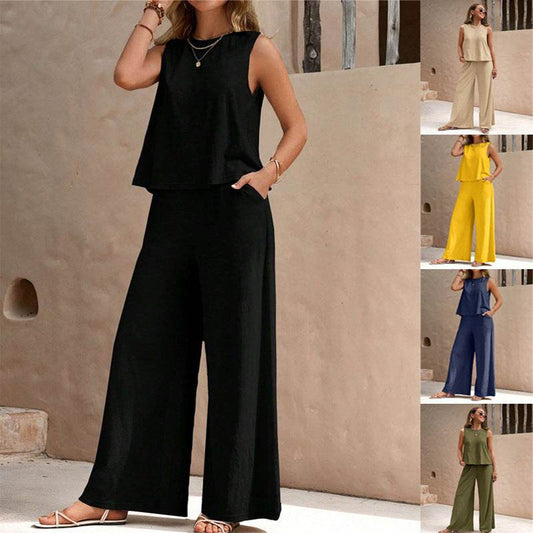 Solid Color Casual Loose Pants Sets For Women Elegant Spring Summer Women's Two Pieces Suit Full Trouser Set Female Outfit Clothes - Velora