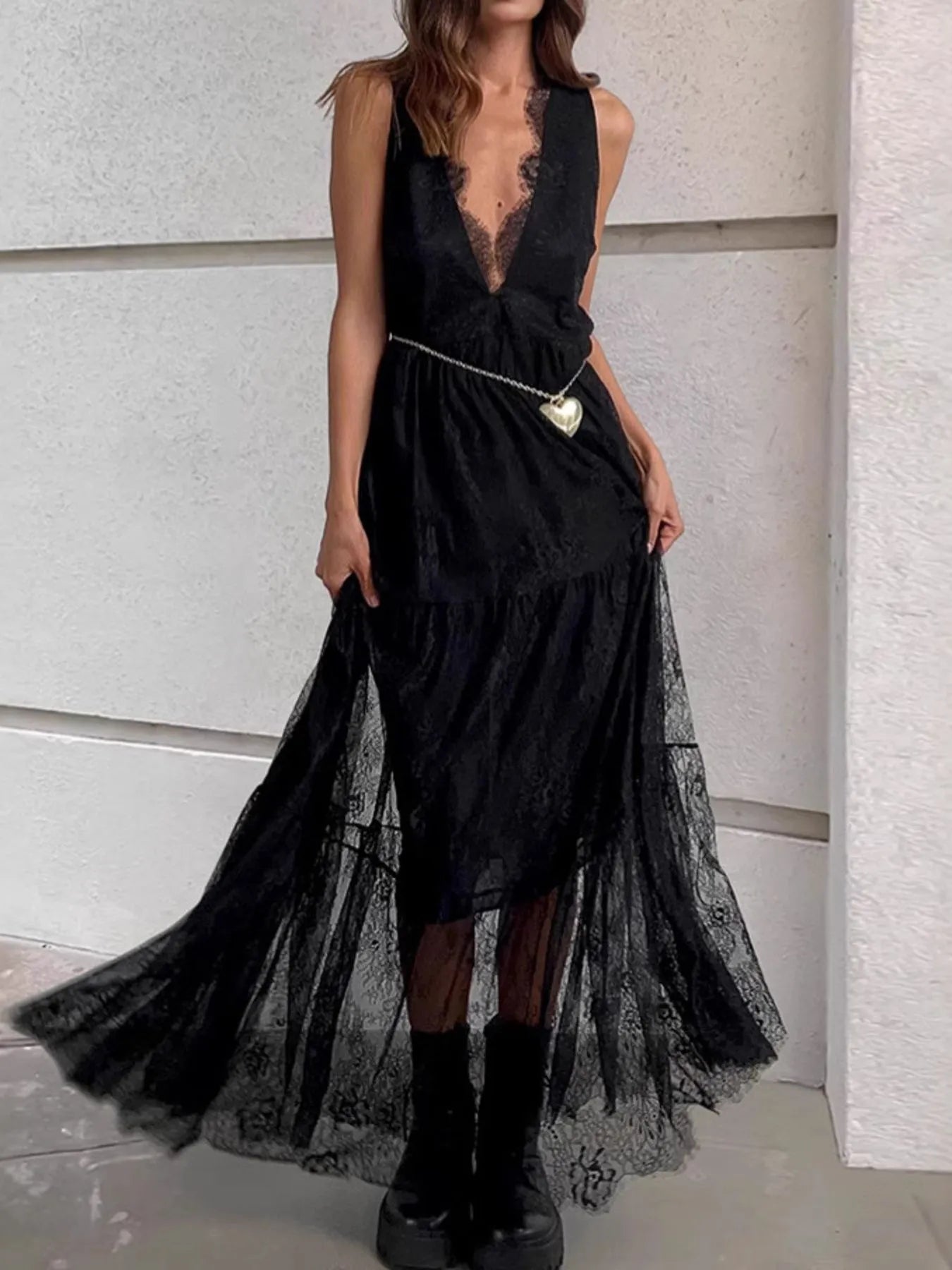 Lace Deep V-Neck Maxi Dress - Velora