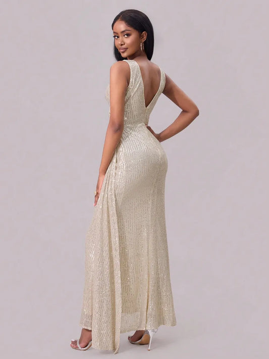 Slit Sequin Surplice Sleeveless Maxi Dress - Velora