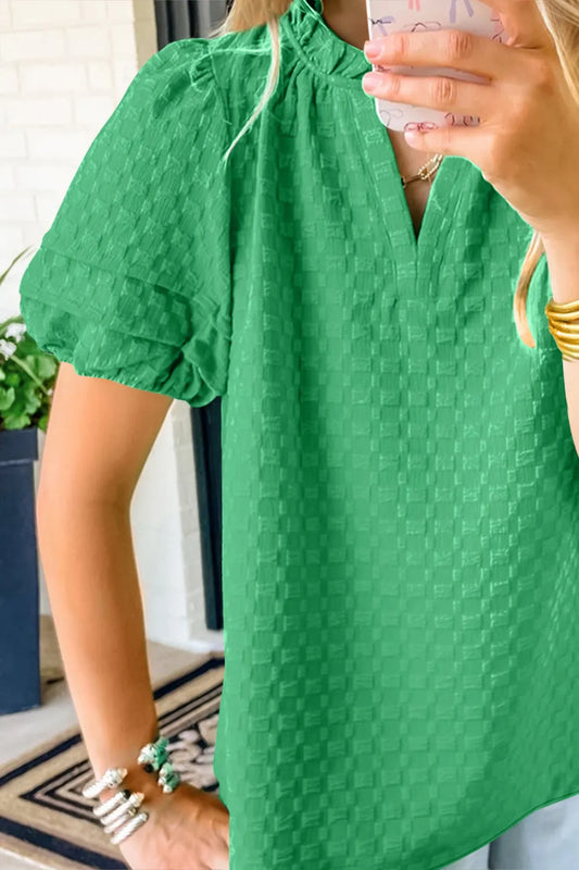 Oh Full Size Frill Notched Puff Sleeve Blouse - Velora