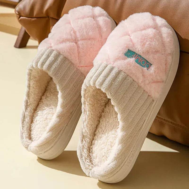 Solid Rhombic Letter Home Slippers Winter Warm Non-slip Floor Bedroom Plush Slipper For Couple House Shoes Women Men - Velora