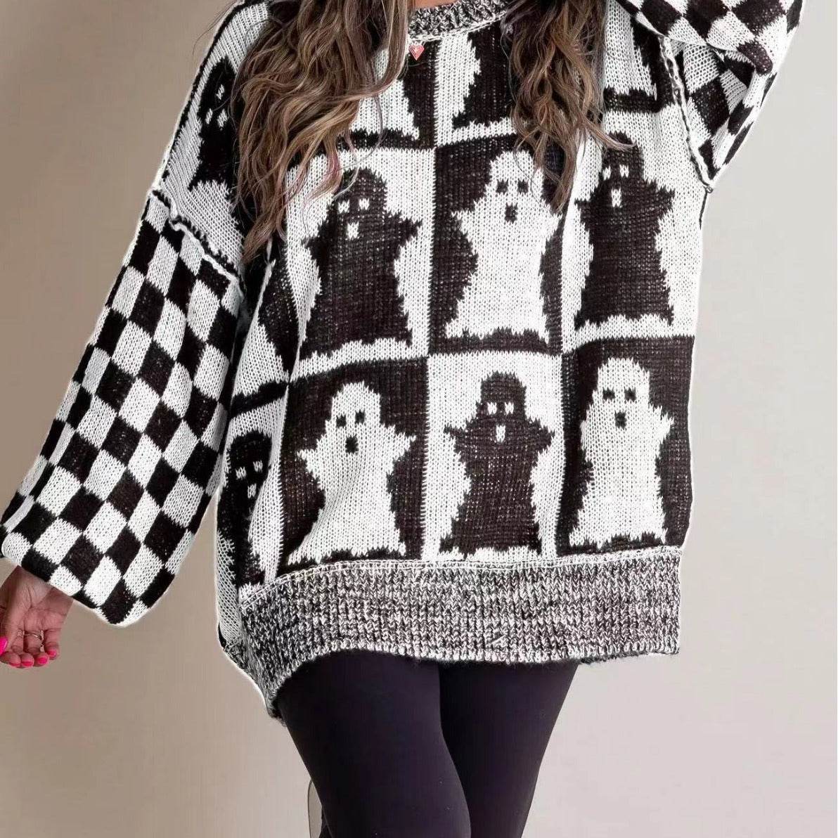 Halloween Cartoon Pumpkin Ghost Sweater Winter Loose Pullover Knitted Top Fashion Women's Clothing - Velora