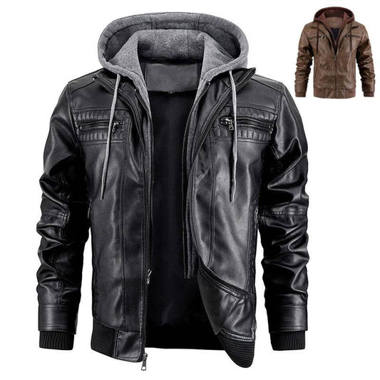 Hooded Jacket With Zipper Pockets Fashion Warm Pu Leather Coat Mens Clothing - Velora