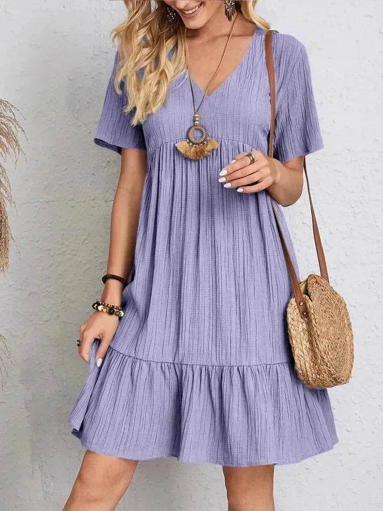 Summer Beach V-neck Dresses Women's Loose Casual Short-sleeved Loose Skater Dress for Chic Ladies - Velora