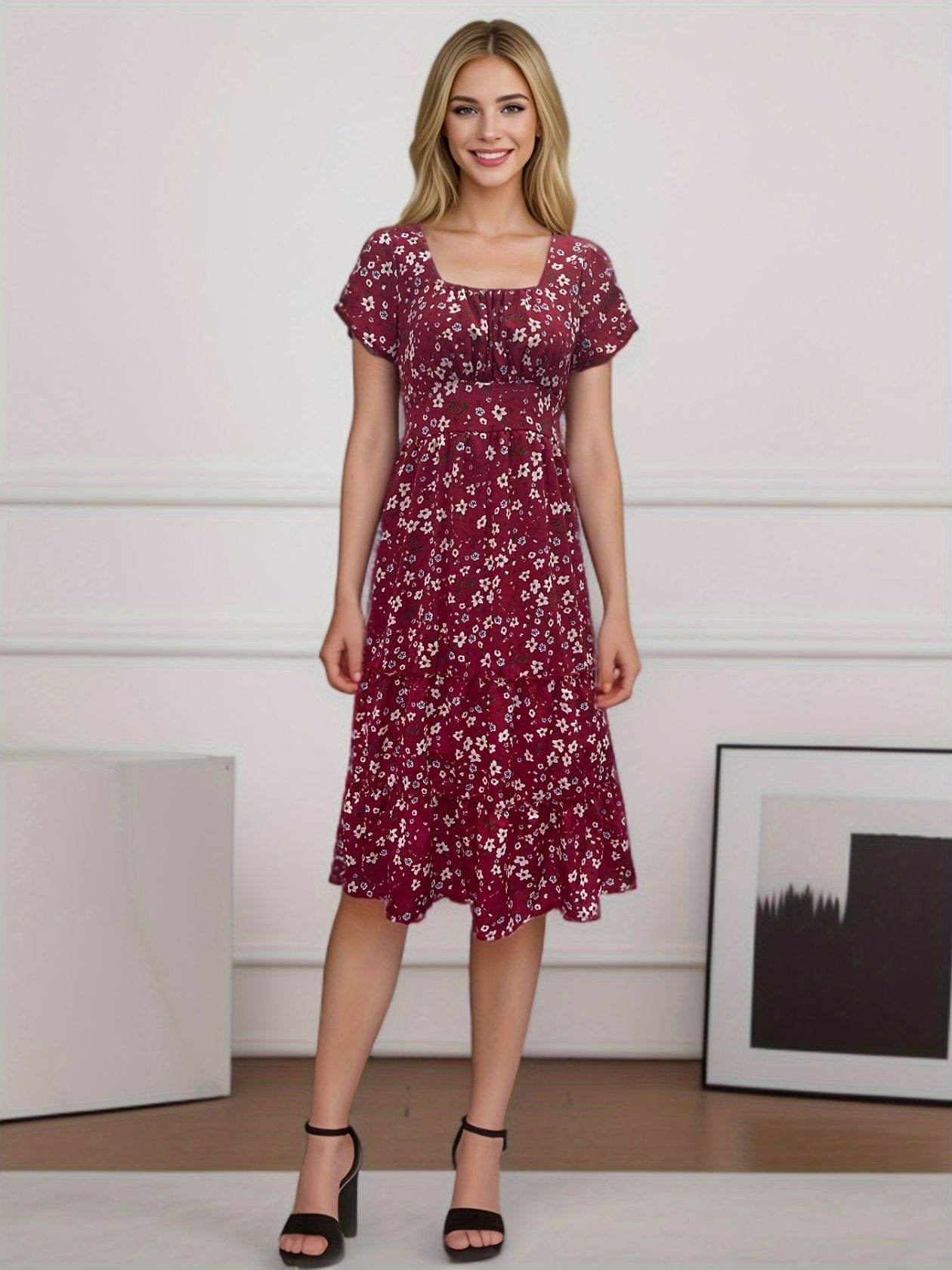 Square Collar Short Sleeve Dress Summer Puff Floral Printed Dress Long Dresses - Velora