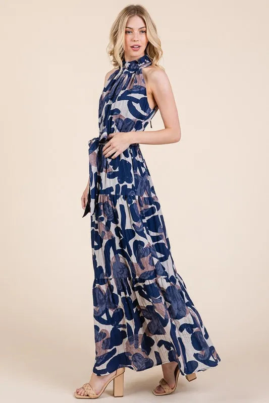 Lime 'N' Chili Abstract Halter Neck Tie-Waist Tiered Maxi Dress - Velora