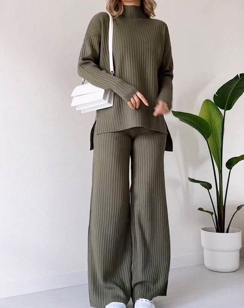 Turtleneck Knitted Suit Loose Split Design Long-sleeved Top And Straight Trousers Fashion Casual Solid Set Women's Clothing - Velora