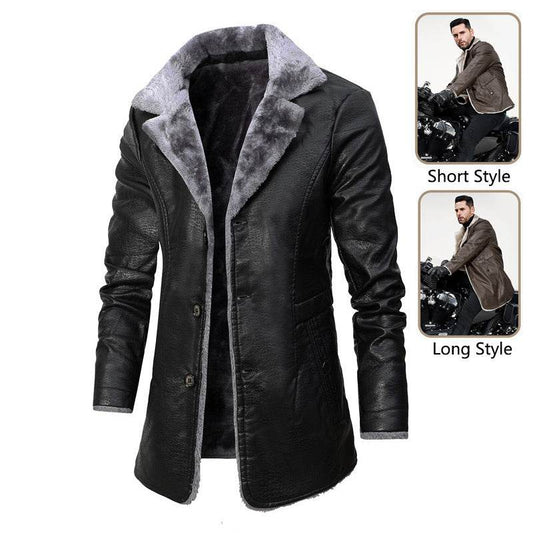 Plush Lapel Leather Jacket Winter Warm Fleece Single-breasted Coat For Men Long Clothing - Velora