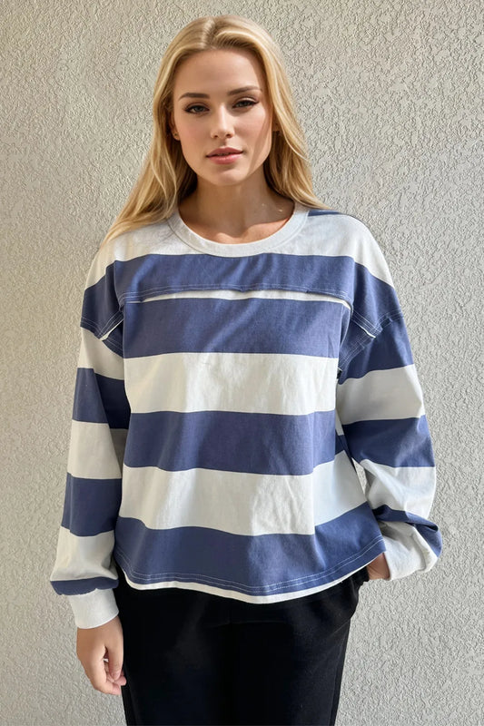 Oh Pima Cotton Wash Exposed Seam Contrast Striped Round Neck Long Sleeve T-Shirt - Velora