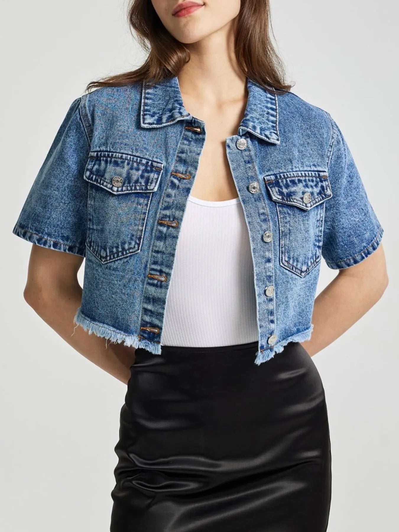 Cropped Short Sleeve Denim Jacket with Frayed Hem - Velora
