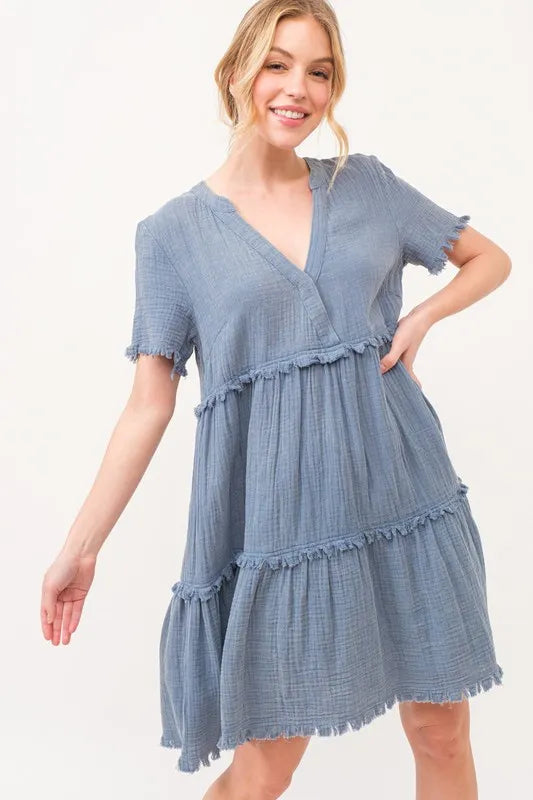 And The Why Washed Frayed Detail Tiered Dress - Velora