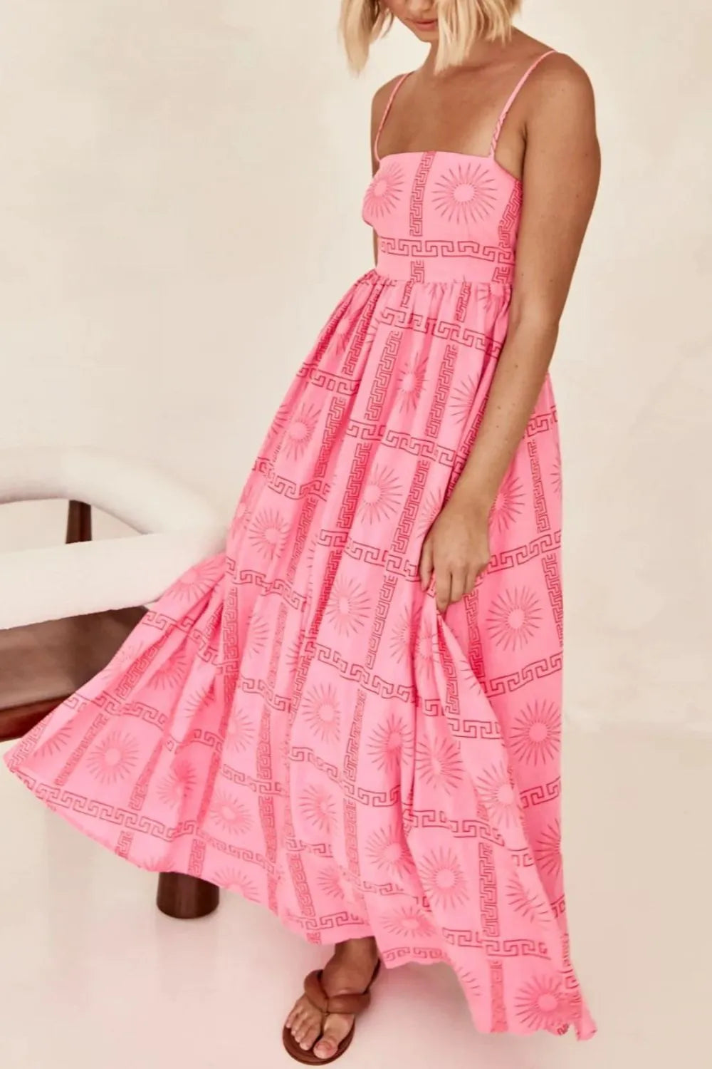 Cutout Back Printed Square Neck Maxi Cami Dress - Velora