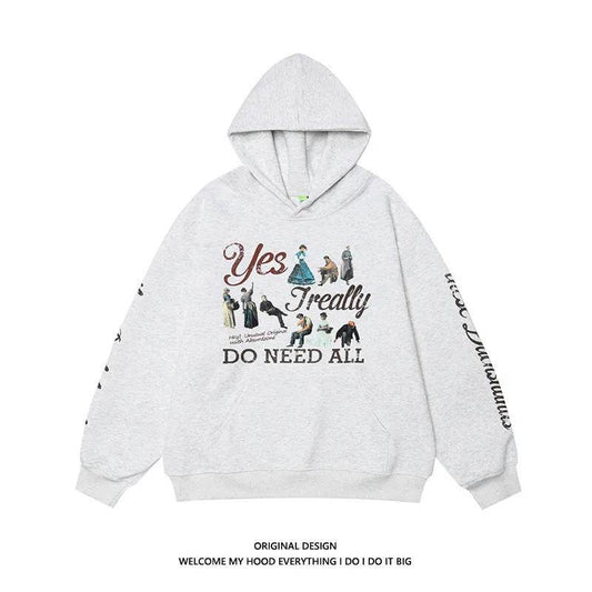 American Retro Washed Distressed Cartoon Letter Print Pullover Hoodie Sweatshirt - Velora